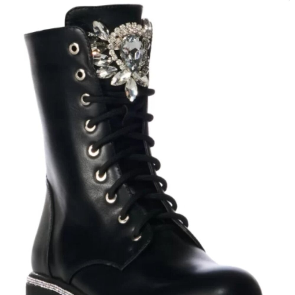 Azalea Wang Rhinestone Brooch Tie Up Combat Boot